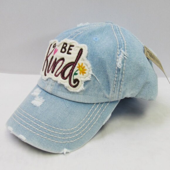 Women's Be Kind Blue Denim Vintage Distressed Baseball Hat Cap NEW - Picture 3 of 4
